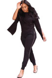 Black Polyester OL Two Piece Suits Solid Zippered pencil Long Sleeve