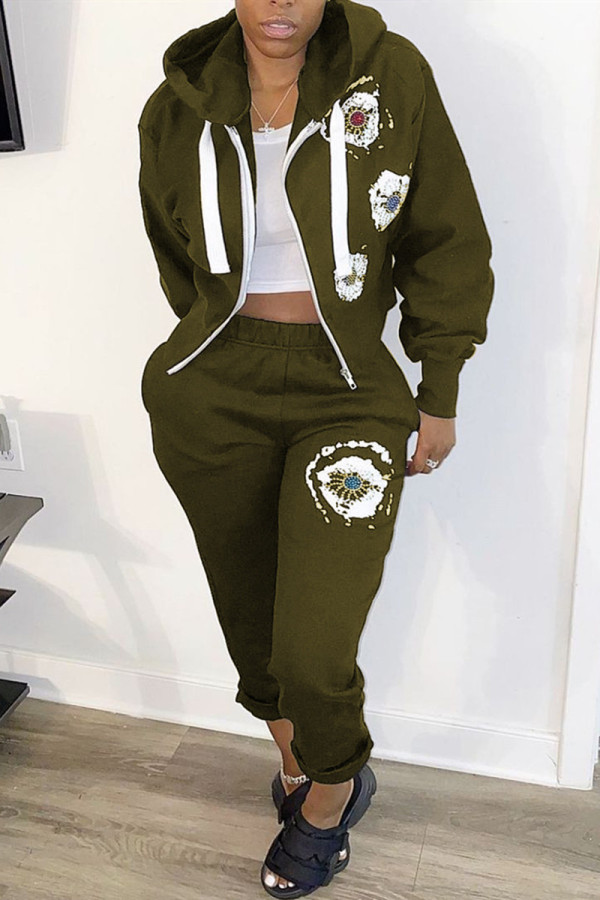 Army Green Fashion Casual Print Basic Hooded Collar Long Sleeve Two Pieces
