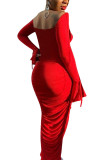 Red Fashion Daily Adult Solid Fold Bateau Neck Long Sleeve Floor Length A Line Dresses