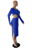 Blue Sexy Solid Hollowed Out V Neck Pencil Skirt Dresses