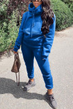 Blue Fashion Casual Adult Polyester Solid Split Joint Hooded Collar Long Sleeve Regular Sleeve Regular Two Pieces