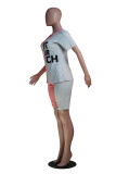 Pink Fashion Casual Letter Print Ripped Patchwork O Neck Short Sleeve Two Pieces