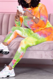 Pink Casual Patchwork Tie-dye O Neck Long Sleeve Two Pieces