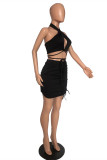 Black Sexy Solid Hollowed Out Backless Fold Strap Design Halter Sleeveless Two Pieces