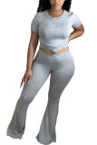 Grey Polyester Fashion Sexy adult Ma'am Solid Two Piece Suits Boot Cut Short Sleeve Two Pieces