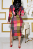 Colour Celebrities Plaid Print With Belt O Neck Pencil Skirt Dresses
