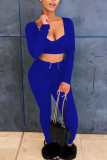 Royal Blue Elegant Solid Patchwork Square Collar Long Sleeve Two Pieces