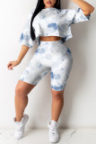 White Fashion Casual Print Basic O Neck Half Sleeve Two Pieces