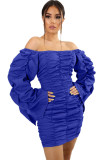 Navy Blue Sexy Bubble sleeves Long Sleeves V Neck Asymmetrical Knee-Length asymmetrical Solid Patchw