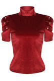 Wine Red Fashion Casual Solid Pearl Turtleneck Tops