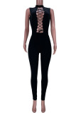 Black Fashion Sexy Solid Hollowed Out Backless Half A Turtleneck Skinny Jumpsuits