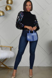 Navy Blue O Neck Long Sleeve Patchwork asymmetrical Solid Long Sleeve Tops