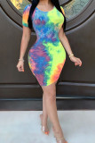 colour Sexy Wrap sleeves Short Sleeves O neck Pencil Dress Mini Tie and dye Dresses