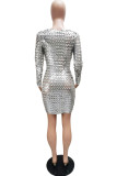 Silver Sexy Solid Hollowed Out Split Joint Fold O Neck Pencil Skirt Dresses