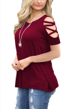 Wine Red O Neck Short Sleeve HOLLOWED OUT Solid Tees & T-shirts