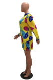 Yellow Elegant Print Hooded Collar Outerwear