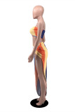 Multicolor Fashion Sexy Print Backless Asymmetrical Strapless Sleeveless Two Pieces