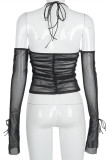 Black Fashion Sexy Patchwork Solid See-through Backless Halter Tops
