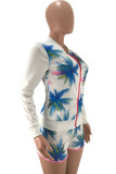 White Milk Silk Casual Floral Print Zippered Straight Long Sleeve Two Pieces