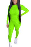 Fluorescent green Polyester Fashion Casual adult Ma'am Print Two Piece Suits pencil Long Sleeve Two Pieces