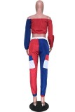 Blue Polyester Elastic Fly Long Sleeve Mid Print Patchwork pencil Pants