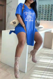 Pink Fashion Casual Letter Print Slit V Neck Short Sleeve Two Pieces