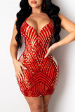 Red Fashion Sexy Patchwork Sequins Backless V Neck Sling Dress