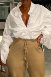 White Fashion Casual Solid Patchwork Frenulum Fold Turndown Collar Mid Waist Tops