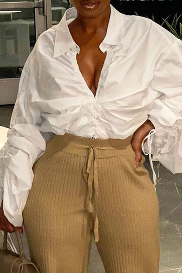 White Fashion Casual Solid Patchwork Frenulum Fold Turndown Collar Mid Waist Tops
