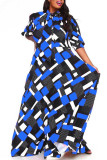 Blue Fashion Casual Print Basic O Neck A Line Plus Size Dress