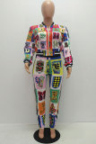 Multi-color Elastic Fly Mid Print Patchwork pencil Pants Two-piece suit