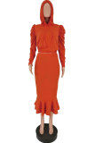 Red Polyester Sexy Solid Two Piece Suits Hip skirt Long Sleeve
