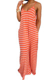 Grey Fashion Casual Black Grey Apricot Orange Light Blue Spaghetti Strap Sleeveless V Neck Swagger Floor-Length Striped Dresses