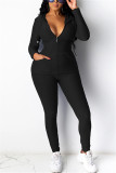 Black Casual Sportswear Long Sleeve Hooded Collar Regular Sleeve Regular Solid Two Pieces