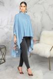Blue Polyester Fashion adult Sexy Cap Sleeve Long Sleeves Mandarin Collar Swagger Mid-Calf Solid Patchwor
