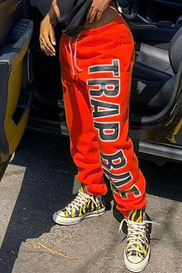 Tangerine Red Casual Sportswear Letter Print Letter Regular Trousers