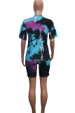 Blue Polyester Fashion Sexy adult Patchwork Print Two Piece Suits Straight Short Sleeve Two Pieces
