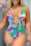 Apricot Fashion Sexy Print Patchwork See-through Backless Swimwears