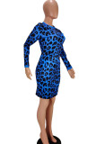 Blue Casual Long Sleeves Step Skirt Mini Print Leopard Dresses