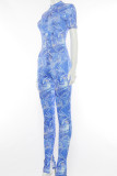 Blue Fashion Casual Print Hollowed Out Patchwork Tie-dye O Neck Regular Jumpsuits