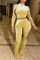 Yellow Sexy Polyester Solid Split Joint Turtleneck Long Sleeve Regular Sleeve Two Pieces