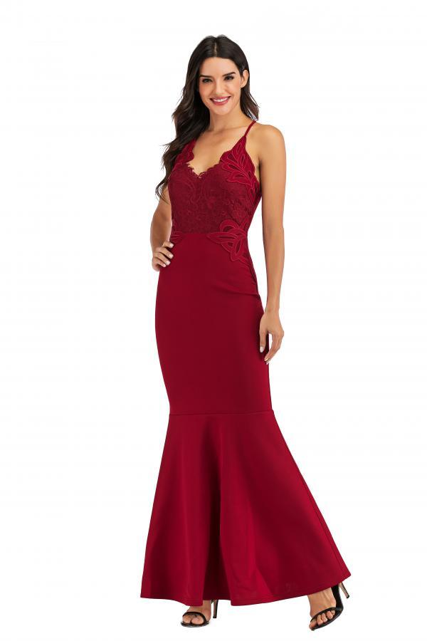 Red Polyester Fashion adult Sexy Spaghetti Strap Sleeveless Slip Slim Dress Floor-Length Patchwork Solid