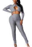 Grey Fashion Casual Adult Twilled Satin Solid Hollowed Out O Neck Regular Sleeve Short Two Pieces