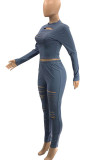Grey Work Daily Solid Ripped O Neck Long Sleeve Two Pieces