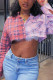 Pink Casual Plaid Patchwork Turndown Collar Mid Waist Tops