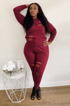 Wine Red Polyester adult Casual Fashion Solid HOLLOWED OUT Two Piece Suits pencil Long Sleeve Two-piece Pant