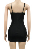 Ink Green Sexy Patchwork Frenulum Fold Asymmetrical Spaghetti Strap Wrapped Skirt Dresses