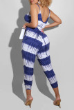 Blue White Sexy Casual Print Backless V Neck Regular Jumpsuits