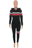 Grey Casual Striped Patchwork Hooded Collar Long Sleeve Two Pieces