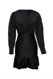 Black Sexy Casual Solid Basic V Neck Long Sleeve Dresses